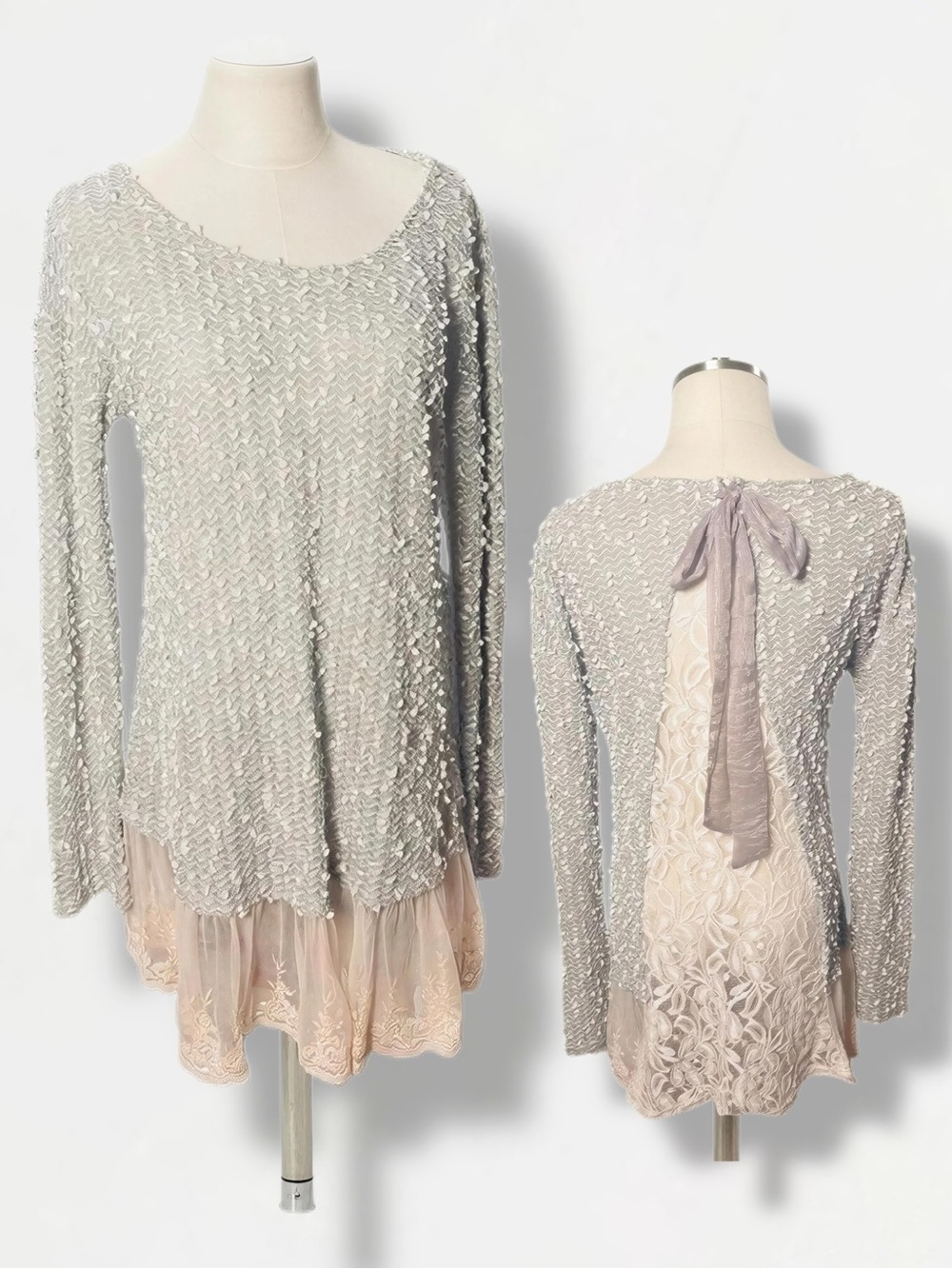 Altar'd State Gray Cream Eyelash Knit Lace Trim Tunic Dress M